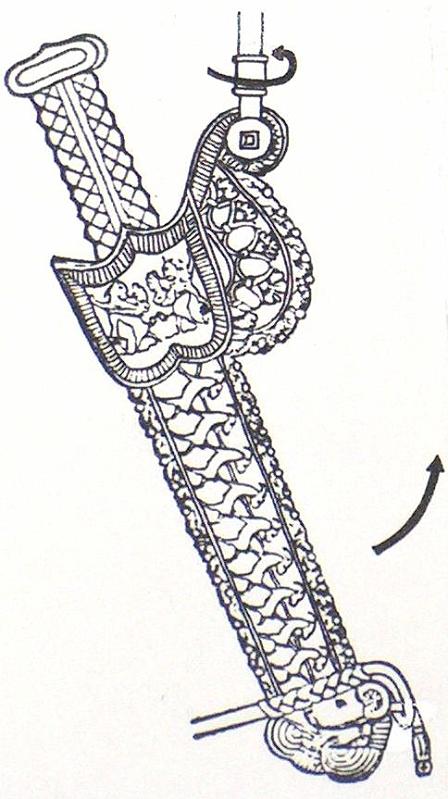 Akinakes des Dareios (Persep)T31A3.jpg - Die Aufhängung des Kurzschwerts zeigt deutlich, dass die Scheide sowohl gekippt als auch gedreht werden konnte; unerläßlich für den Gebrauch zu Pferd.